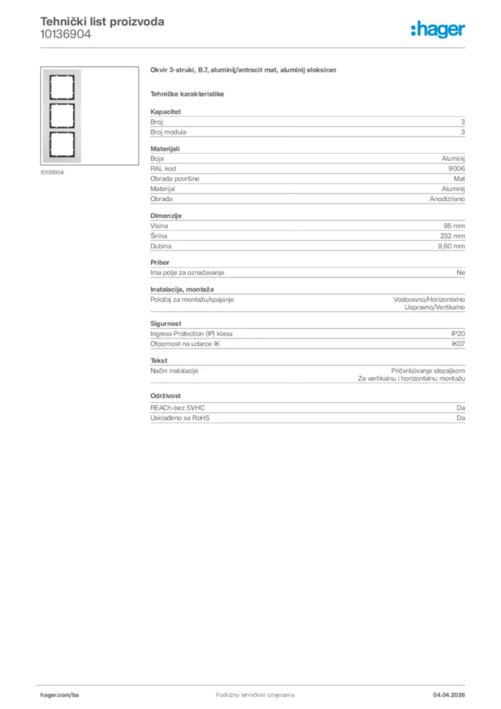 Slika Hager Tehnički list proizvoda 10136904  | Hager