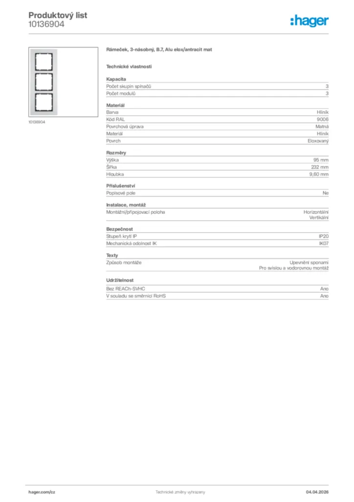 Obrázek Hager Product data sheet 10136904 | Hager