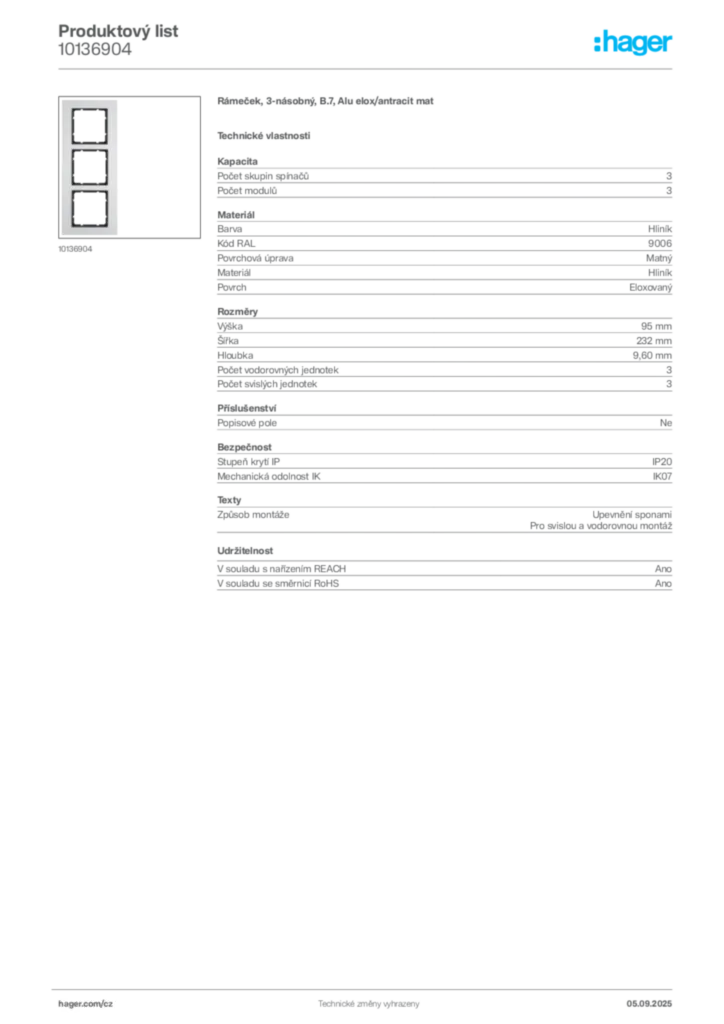 Obrázek Hager Produktový list 10136904 | Hager