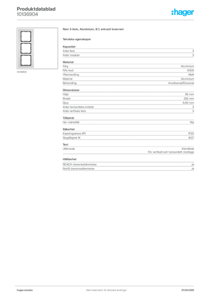 Bild Hager Produktdatablad 10136904 | Hager Sverige