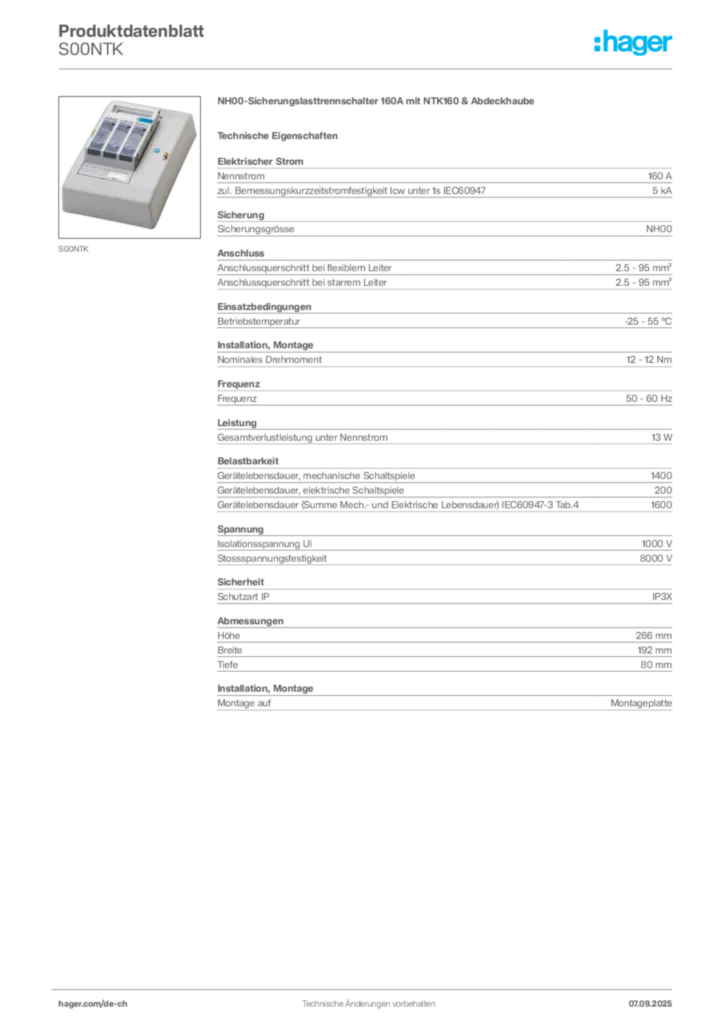Bild Hager Produktdatenblatt S00NTK | Hager Schweiz