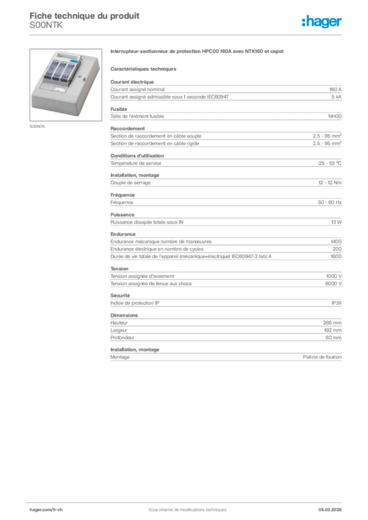 Image Hager Fiche technique du produit S00NTK | Hager Suisse