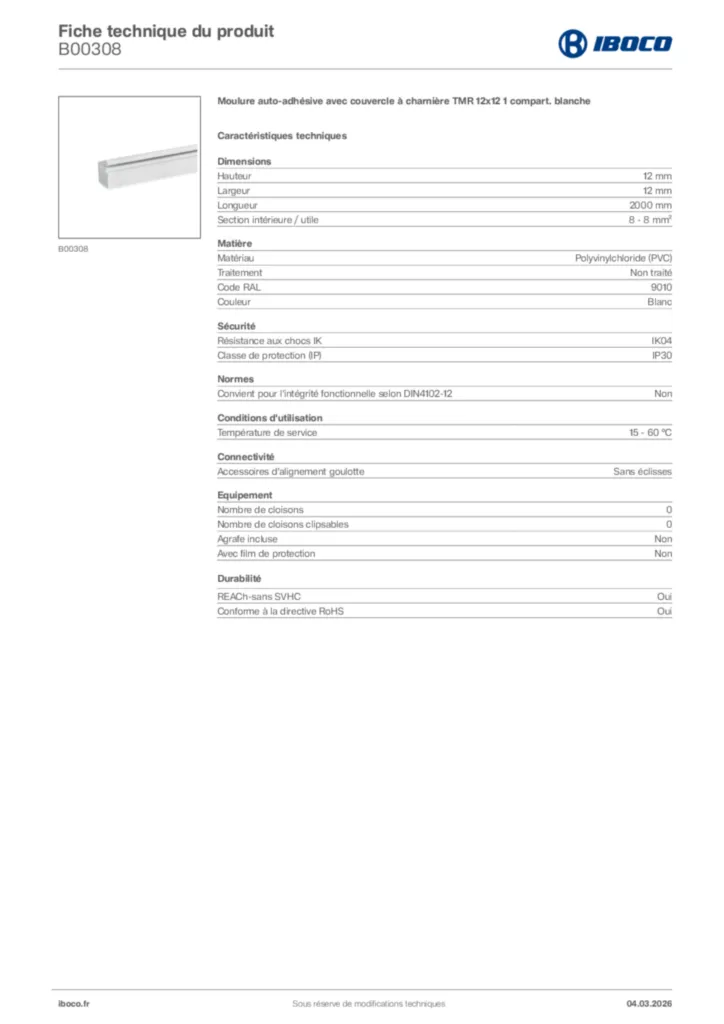 Image Iboco Fiche technique du produit B00308 | Hager France