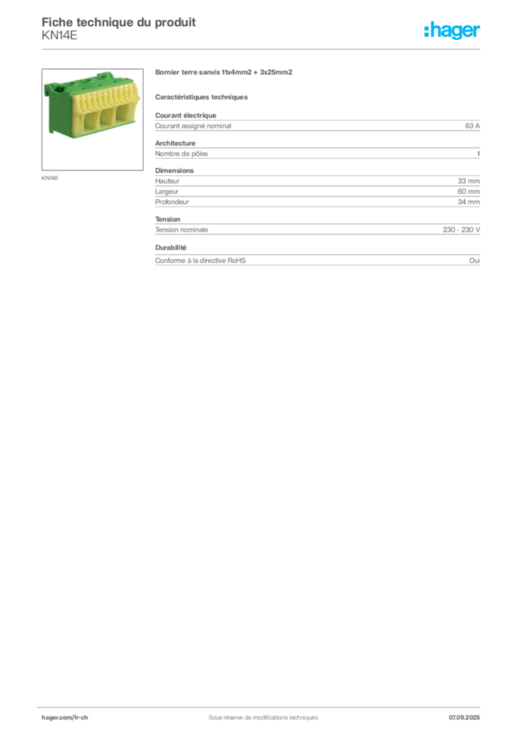 Image Hager Fiche technique du produit KN14E | Hager Suisse