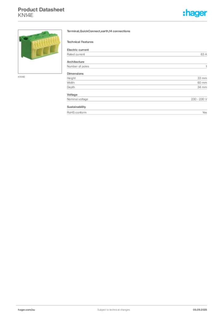 Image Hager Product data sheet KN14E  | Hager Australia