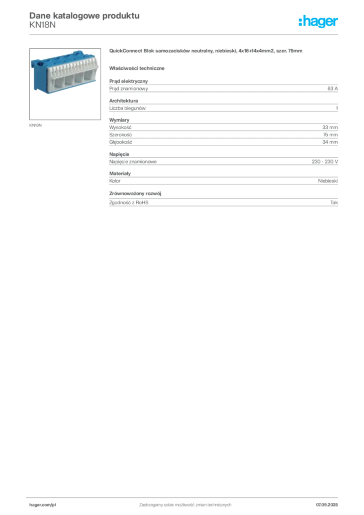 Zdjęcie Hager Dane katalogowe produktu KN18N | Hager Polska