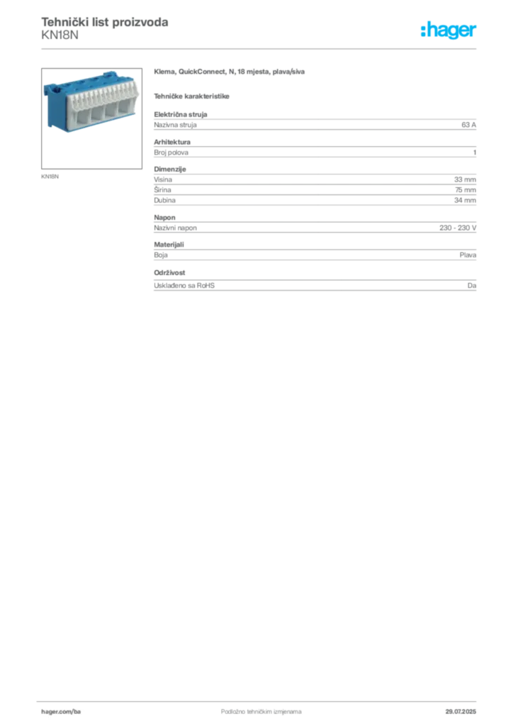 Slika Hager Product data sheet KN18N  | Hager