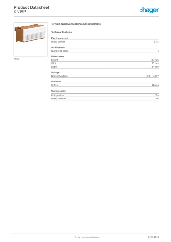 Image Hager Product data sheet KN18P  | Hager Africa