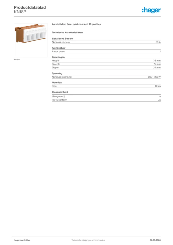 Afbeelding Hager Productdatablad KN18P | Hager Belgium