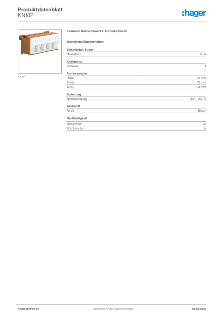 Bild Hager Produktdatenblatt KN18P | Hager Schweiz