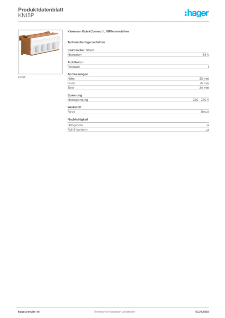 Bild Hager Produktdatenblatt KN18P | Hager Schweiz