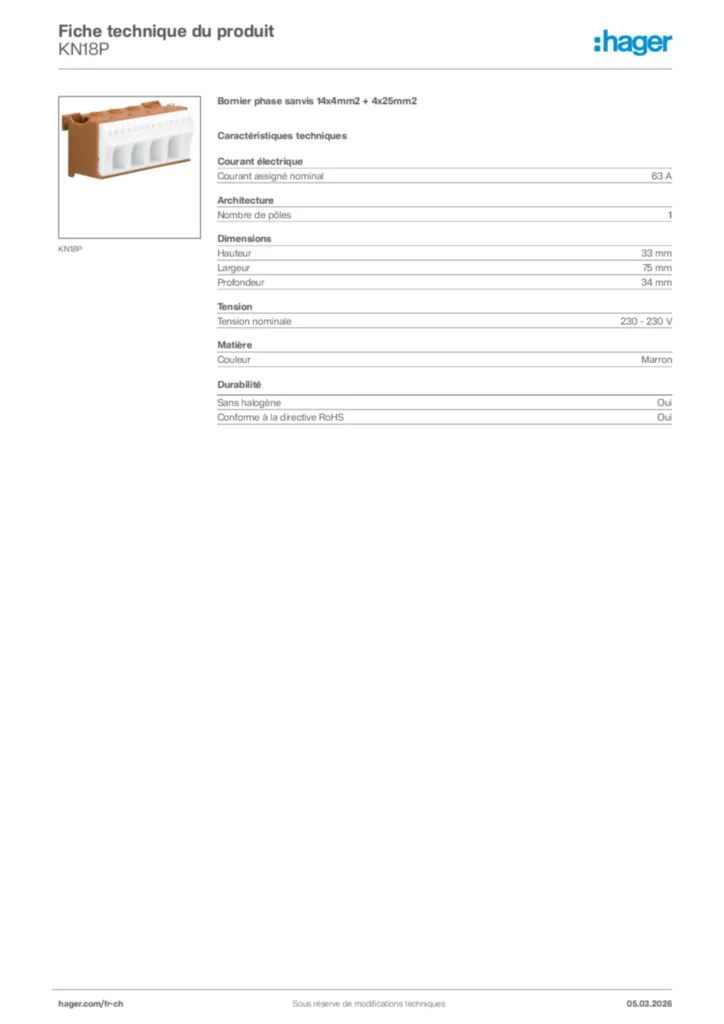 Image Hager Fiche technique du produit KN18P | Hager Suisse