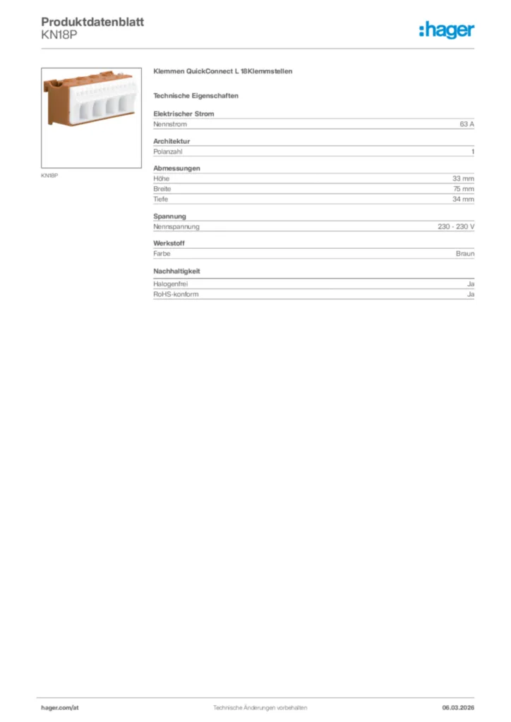 Bild Hager Produktdatenblatt KN18P | Hager Deutschland