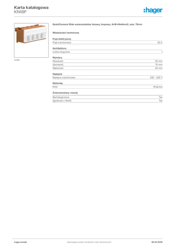 Zdjęcie Hager Karta katalogowa KN18P | Hager Polska