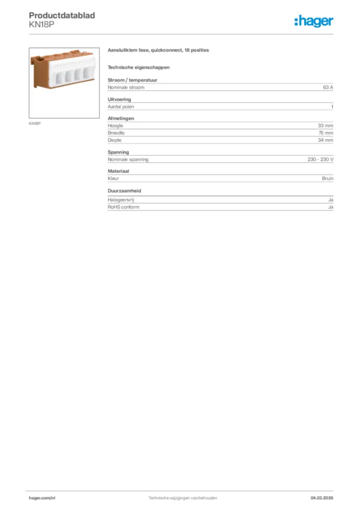 Afbeelding Hager Productdatablad KN18P | Hager Nederland