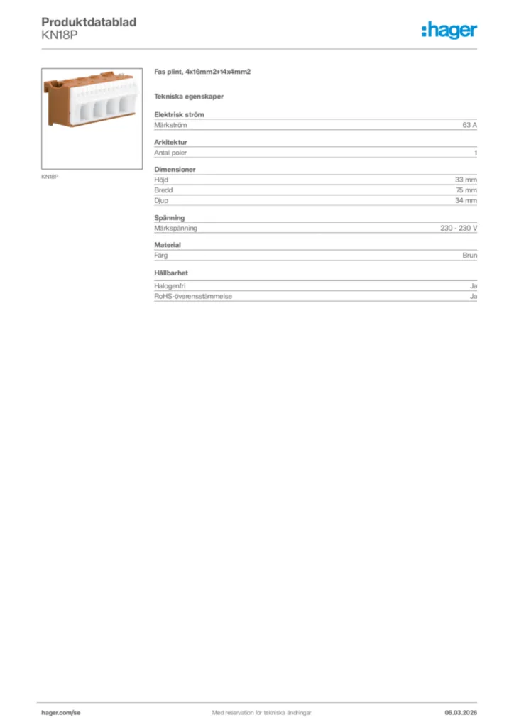 Bild Hager Produktdatablad KN18P | Hager Sverige