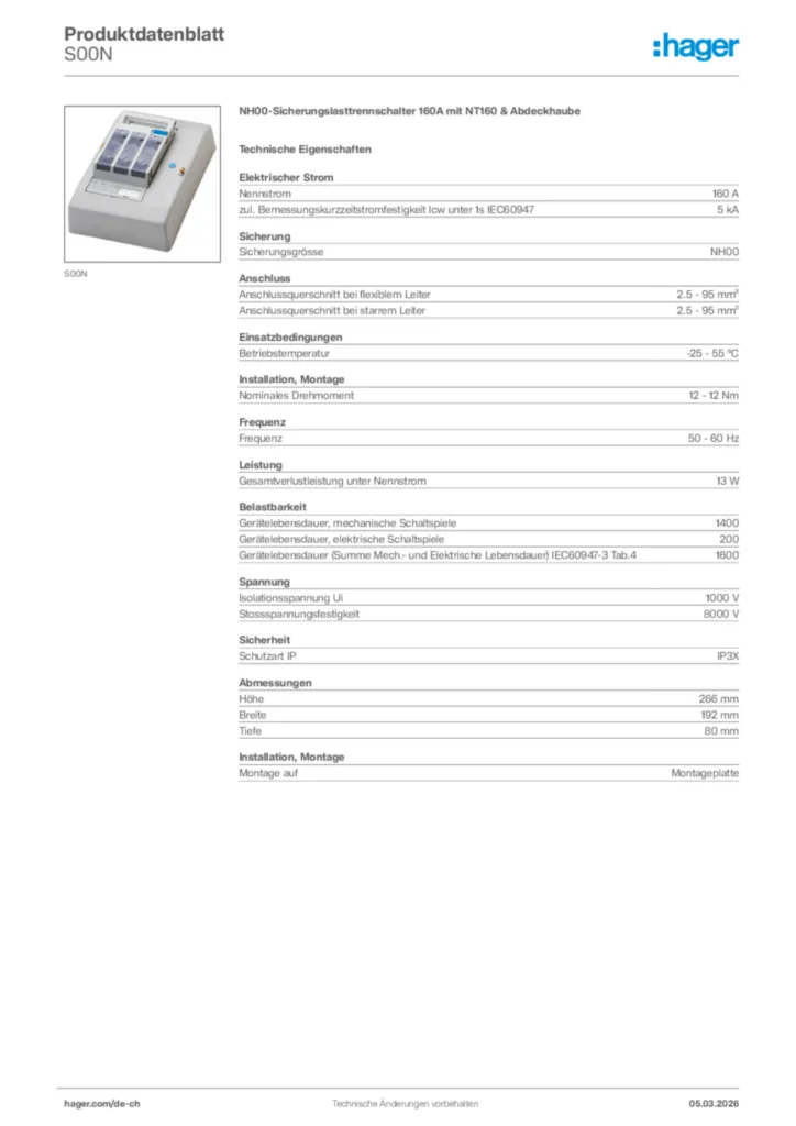 Bild Hager Produktdatenblatt S00N | Hager Schweiz