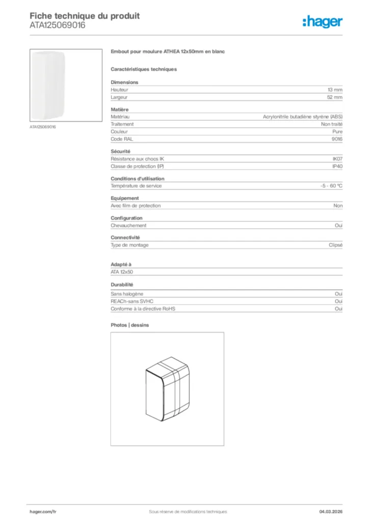 Image Hager Fiche technique du produit ATA125069016 | Hager France