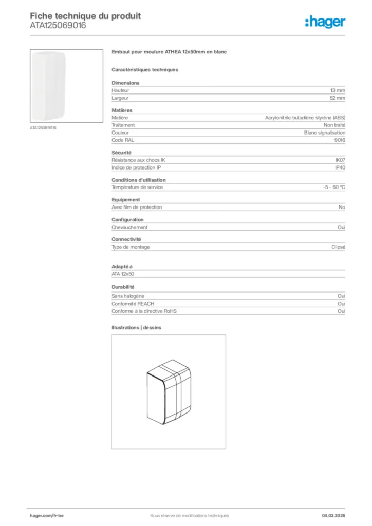 Image Hager Fiche technique du produit ATA125069016 | Hager Belgique