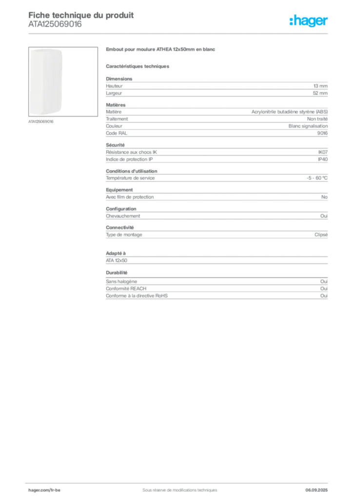 Image Hager Fiche technique du produit ATA125069016 | Hager Belgique