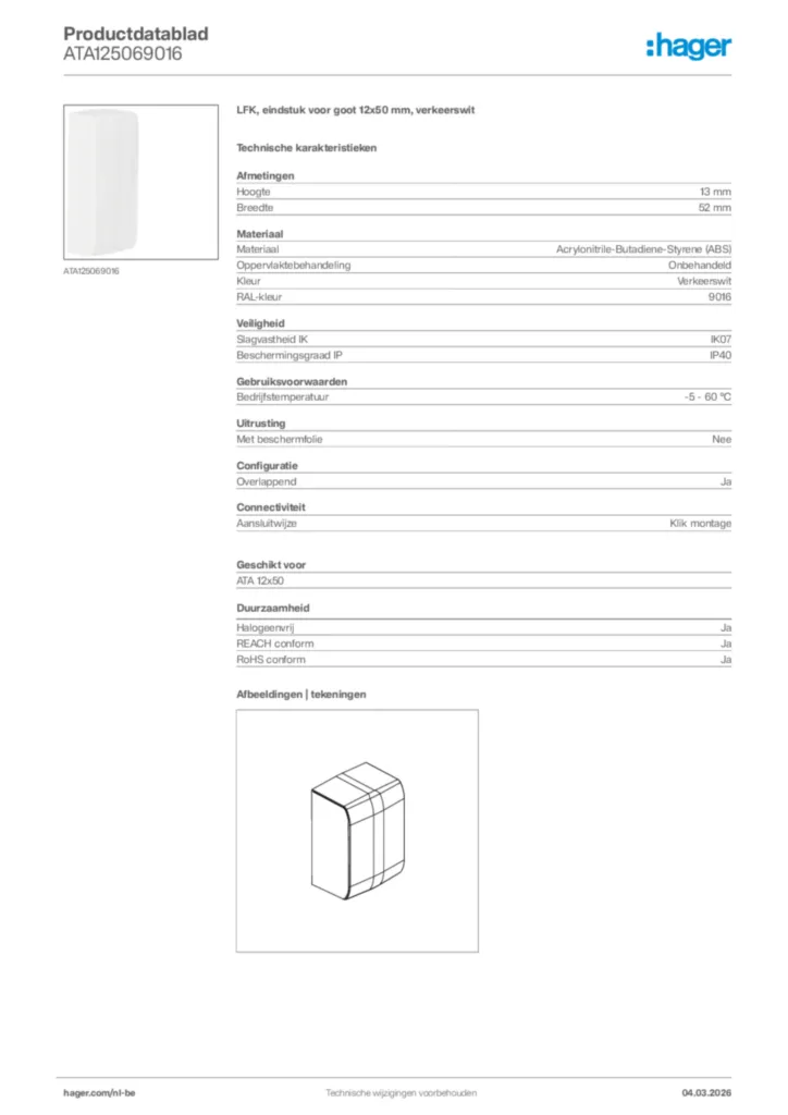 Afbeelding Hager Productdatablad ATA125069016 | Hager Belgium