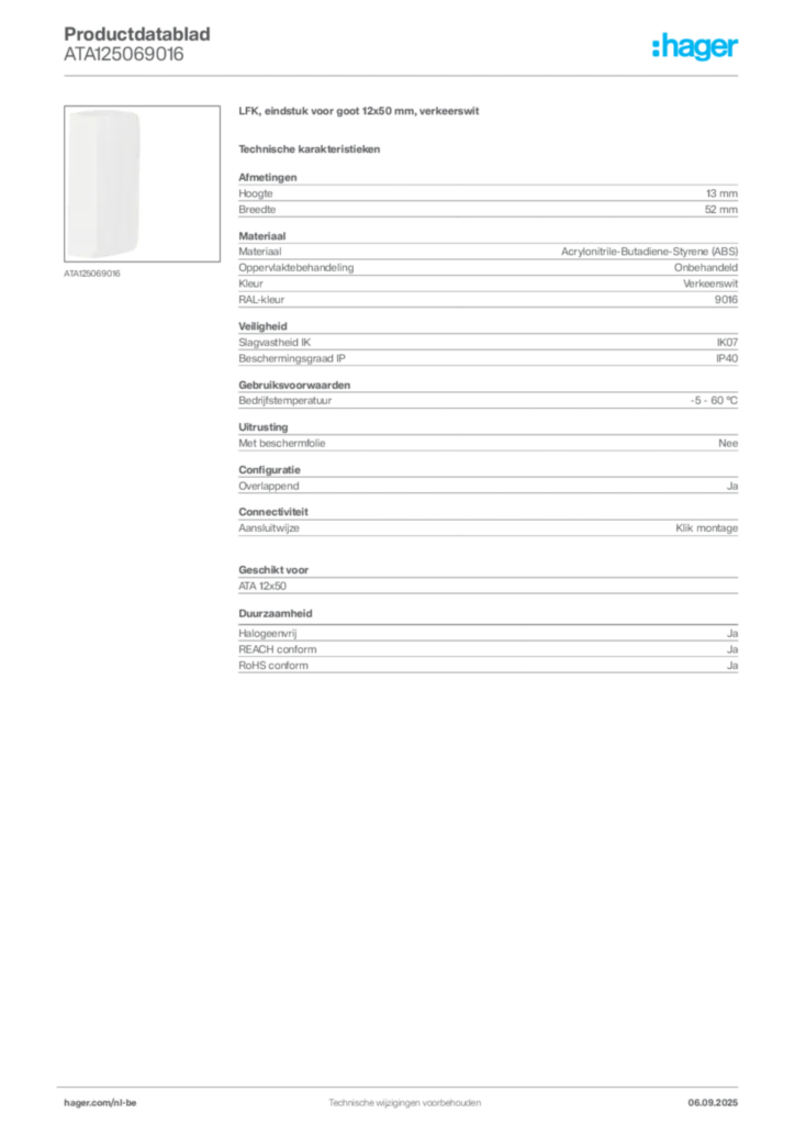 Afbeelding Hager Productdatablad ATA125069016 | Hager Belgium