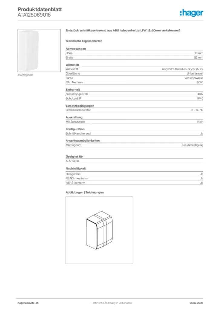 Bild Hager Produktdatenblatt ATA125069016 | Hager Schweiz