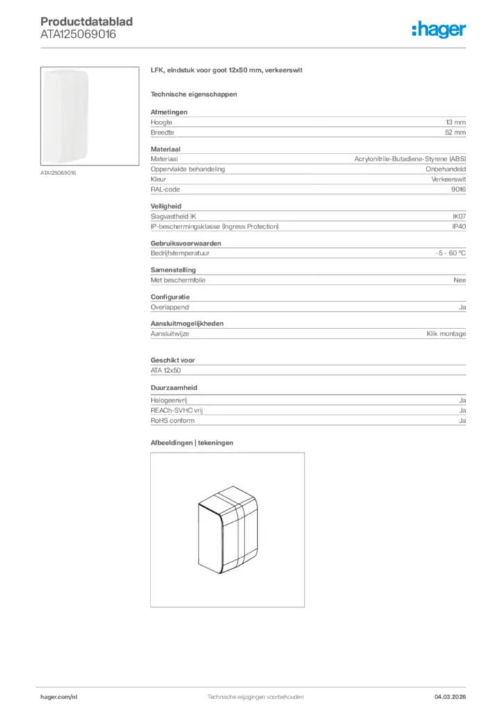 Afbeelding Hager Productdatablad ATA125069016 | Hager Nederland