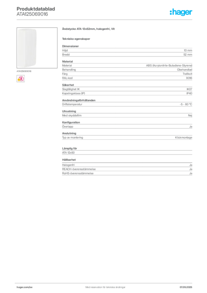 Bild Hager Produktdatablad ATA125069016 | Hager Sverige