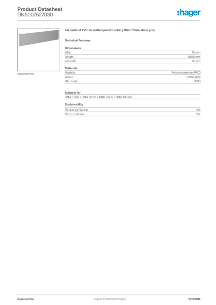 Image Hager Product data sheet DN5007527030  | Hager Australia