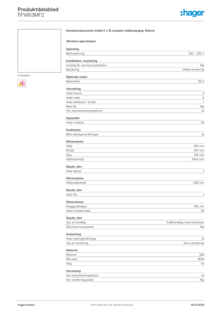 Bild Hager Produktdatablad FFW63MF2 | Hager Sverige