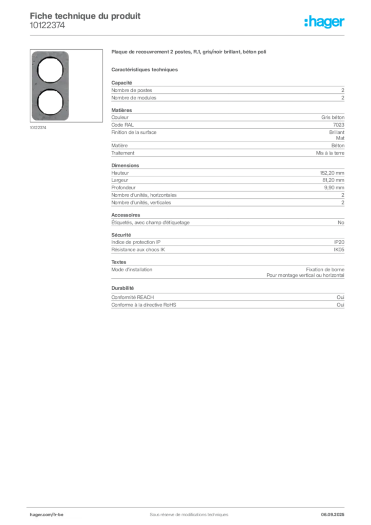 Image Hager Fiche technique du produit 10122374 | Hager Belgique