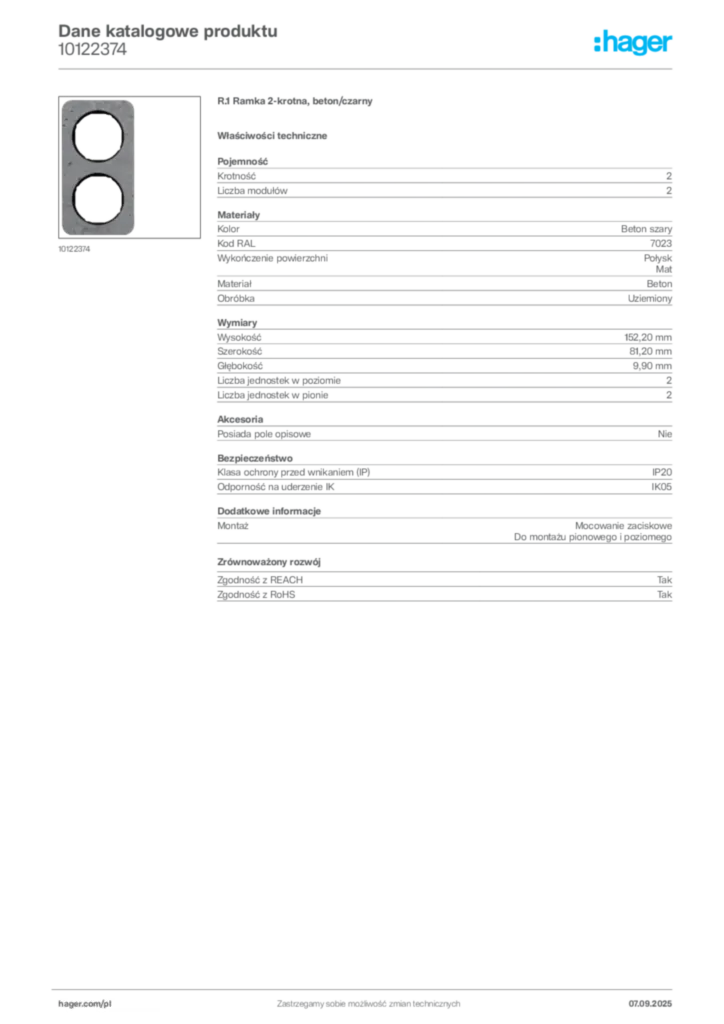 Zdjęcie Hager Dane katalogowe produktu 10122374 | Hager Polska