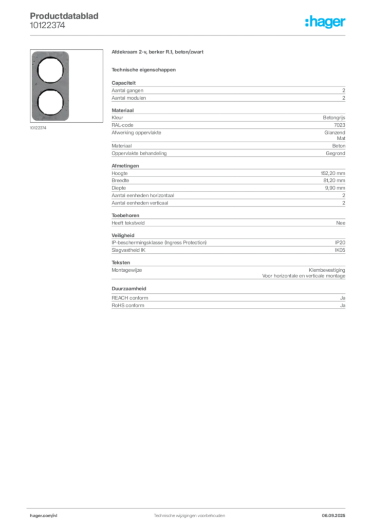 Afbeelding Hager Productdatablad 10122374 | Hager Nederland