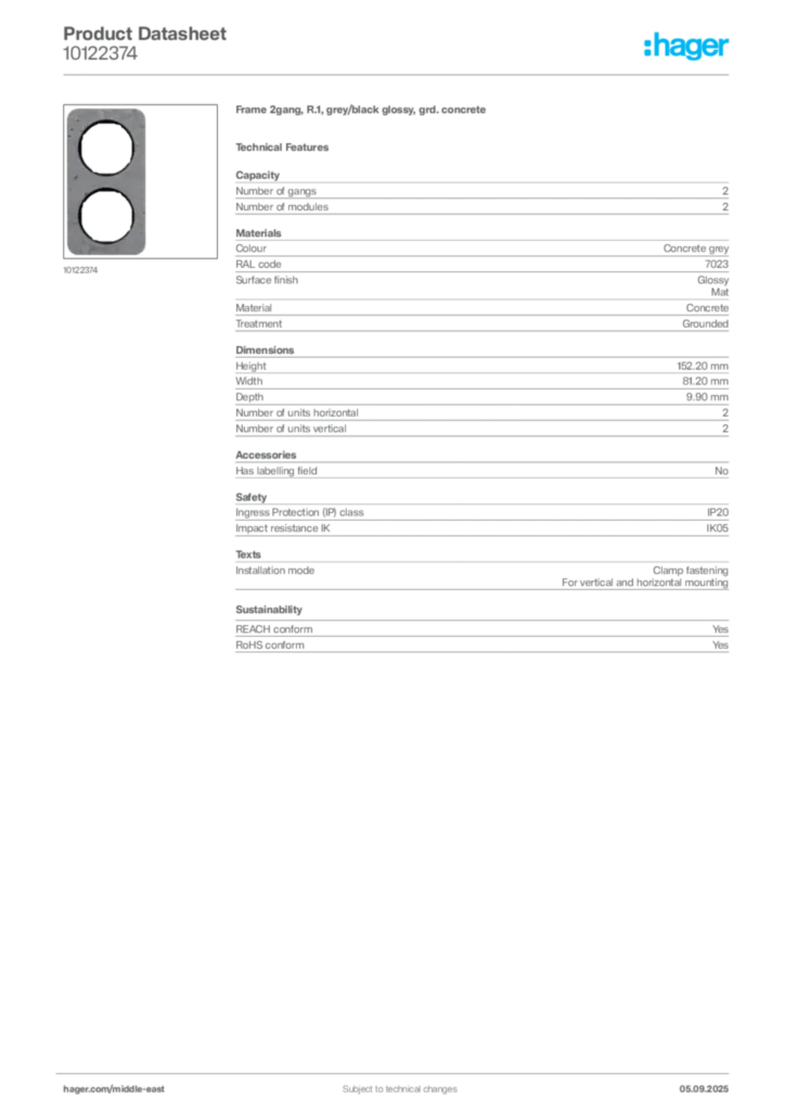 Image Hager Product data sheet 10122374  | Hager