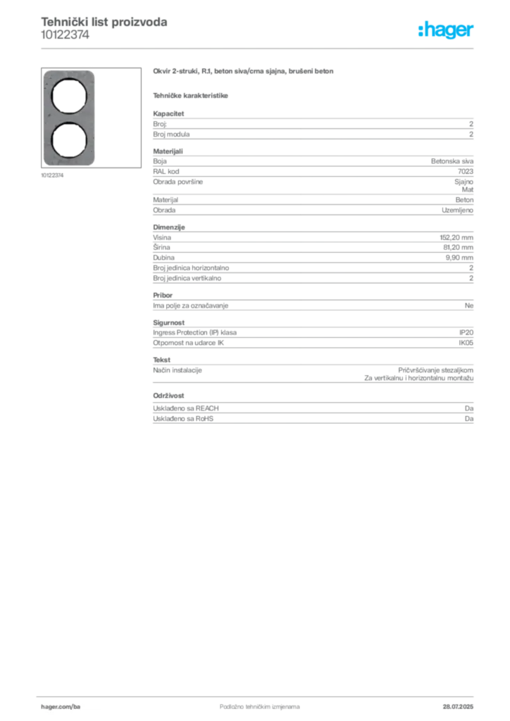 Slika Hager Product data sheet 10122374  | Hager