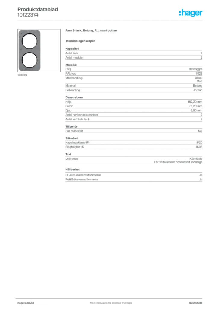 Bild Hager Produktdatablad 10122374 | Hager Sverige