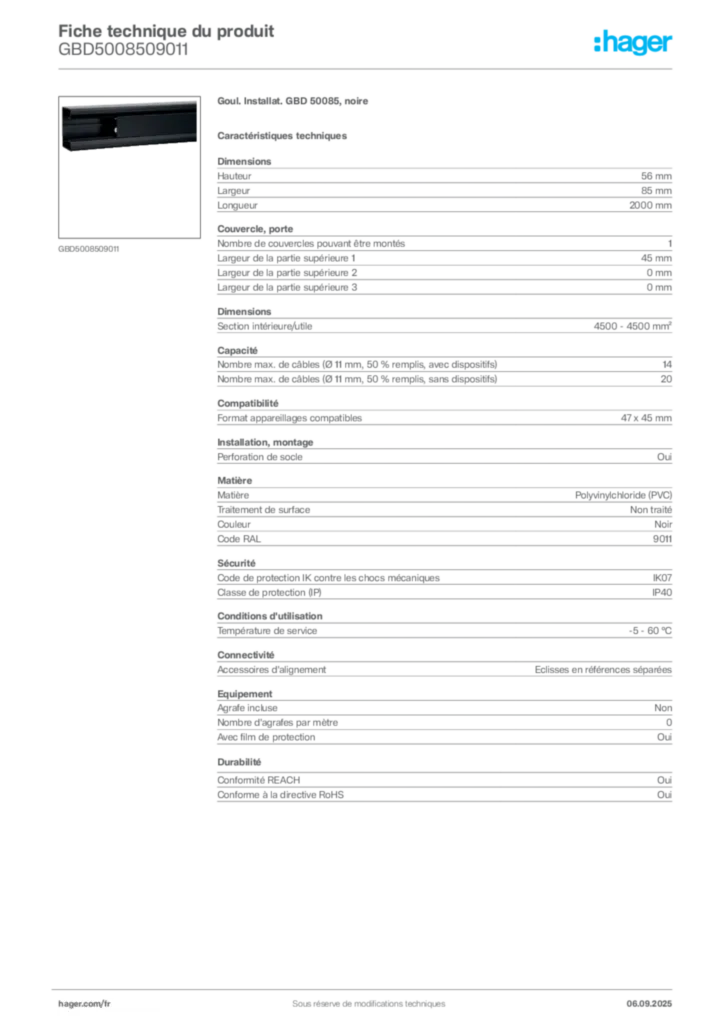 Image Hager Fiche technique du produit GBD5008509011 | Hager France