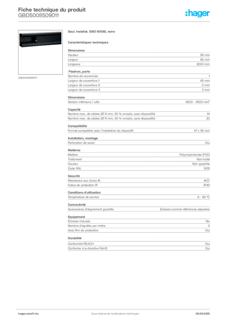 Image Hager Fiche technique du produit GBD5008509011 | Hager Belgique