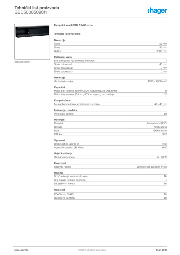 Slika Hager Tehnički list proizvoda GBD5008509011  | Hager