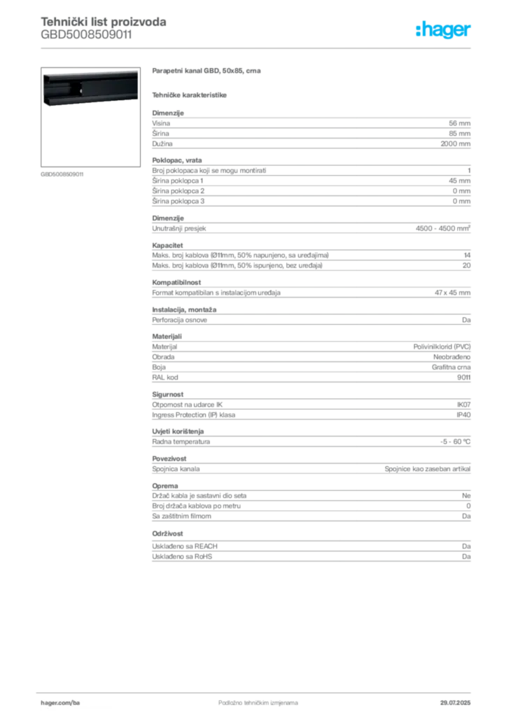 Slika Hager Product data sheet GBD5008509011  | Hager