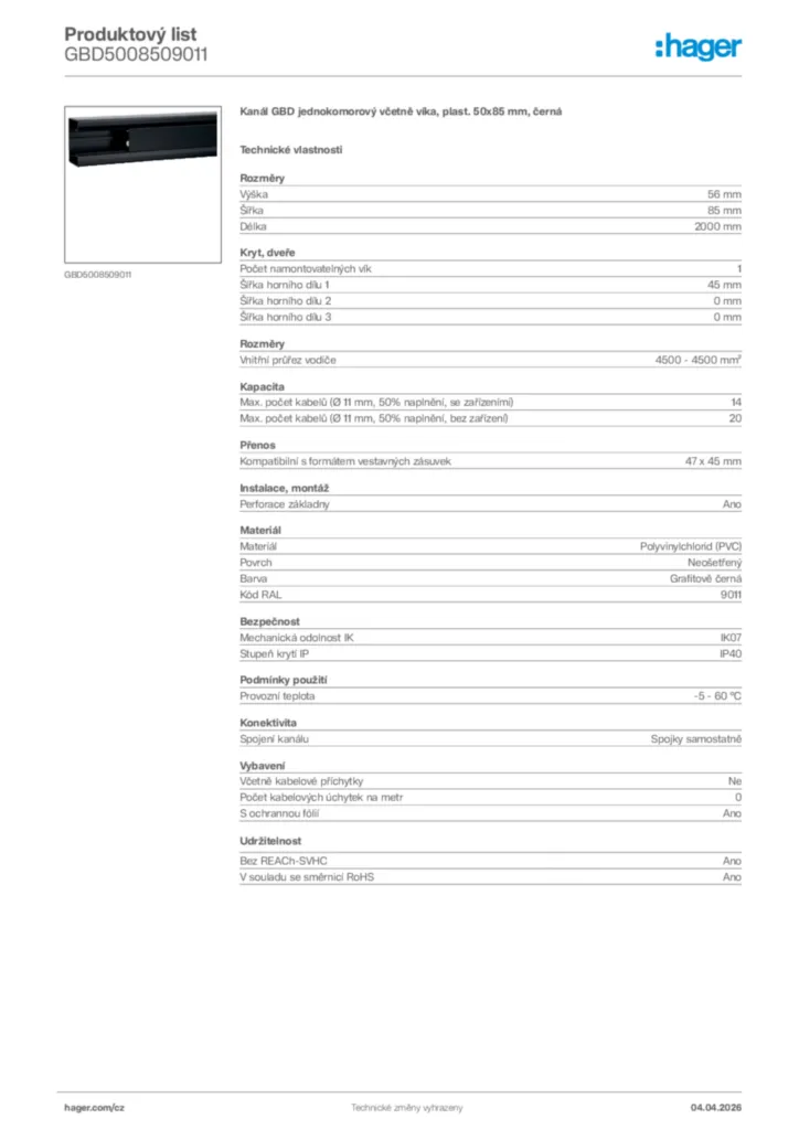 Obrázek Hager Product data sheet GBD5008509011 | Hager