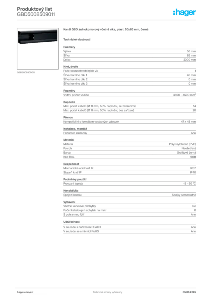 Obrázek Hager Produktový list GBD5008509011 | Hager