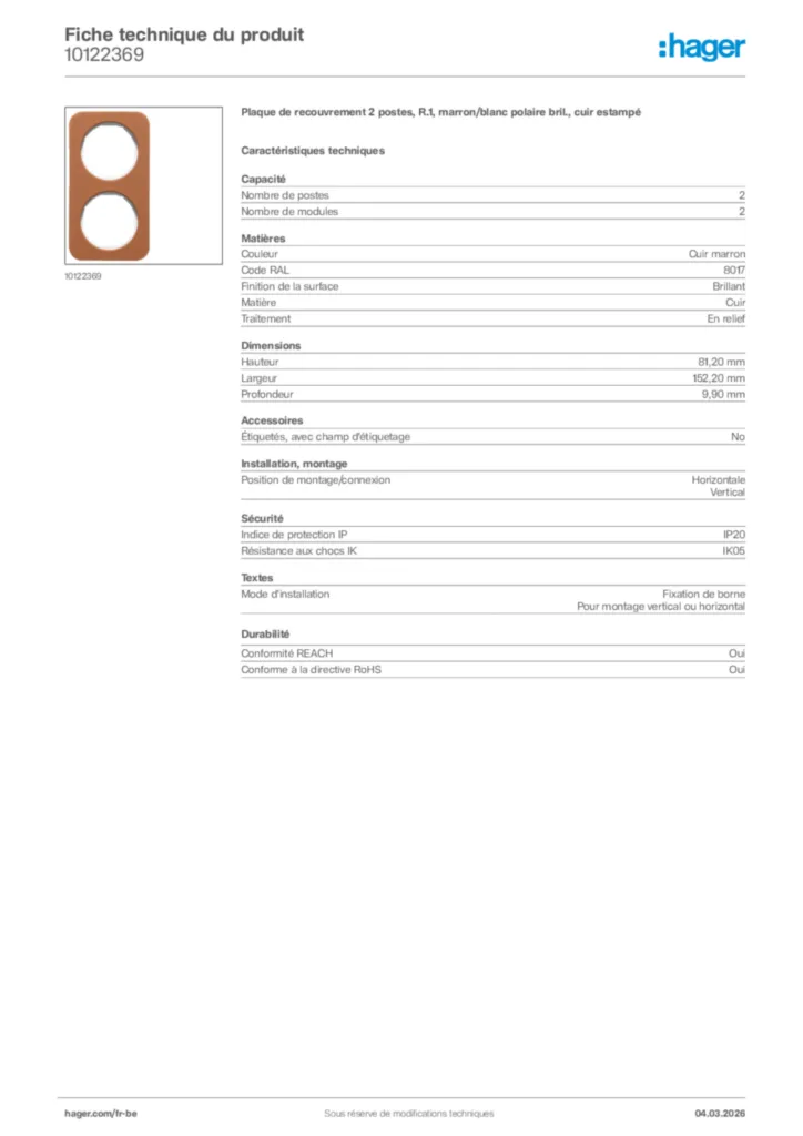 Image Hager Fiche technique du produit 10122369 | Hager Belgique