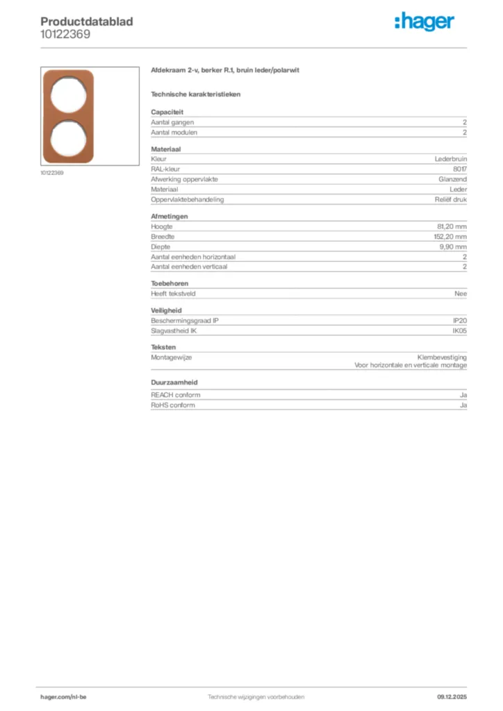 Afbeelding Hager Productdatablad 10122369 | Hager Belgium