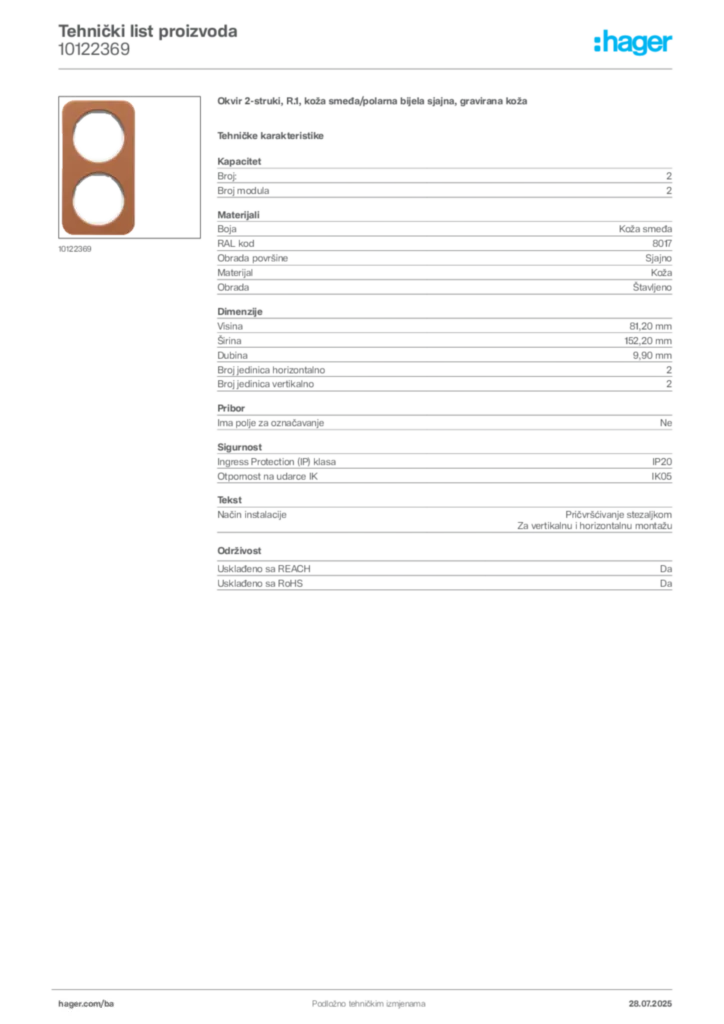 Slika Hager Product data sheet 10122369  | Hager