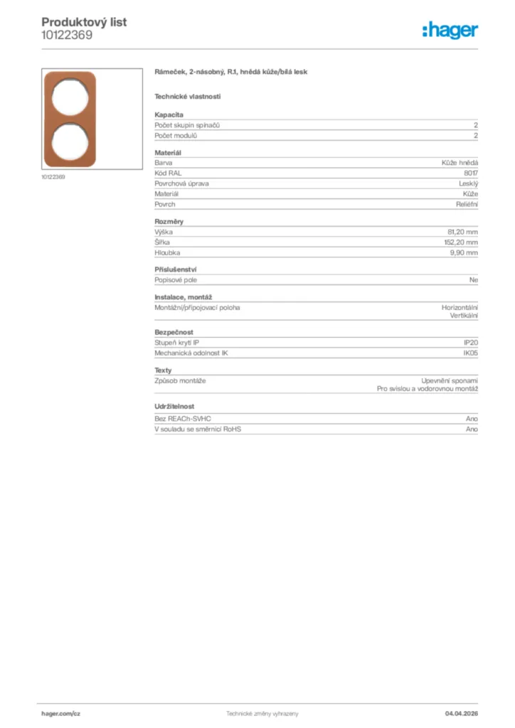 Obrázek Hager Product data sheet 10122369 | Hager