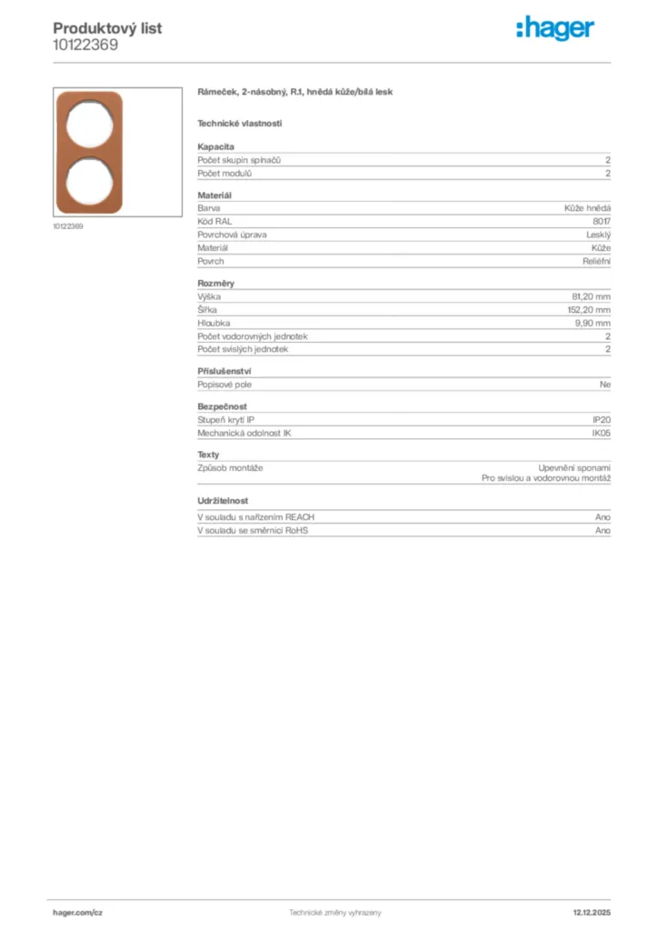 Obrázek Hager Produktový list 10122369 | Hager