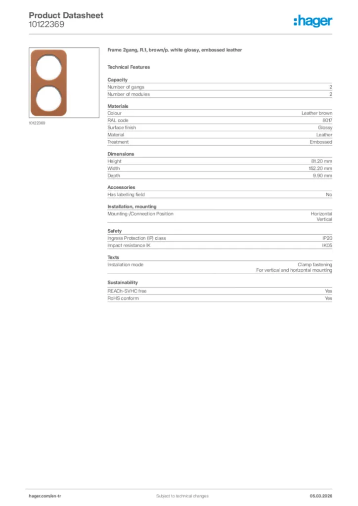 Image Hager Product data sheet 10122369  | Hager