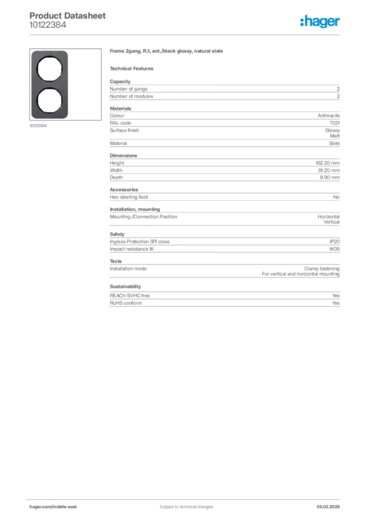Image Hager Product data sheet 10122384  | Hager
